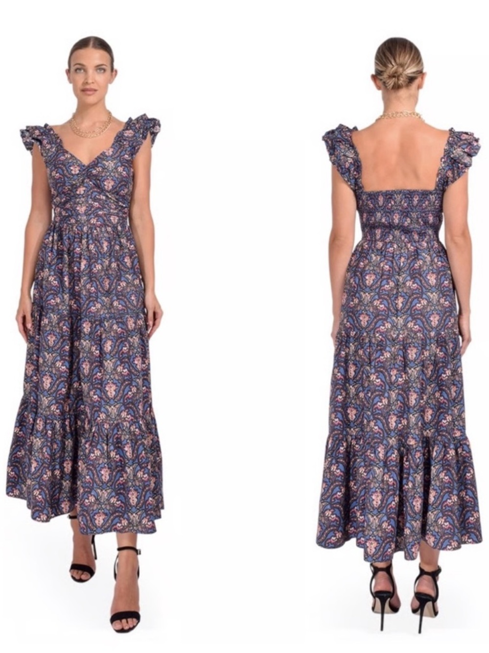 NWT Caroline Constas Floral Paisley Navy Midi Dress with Ruffled Sleeves - Picture 2 of 8